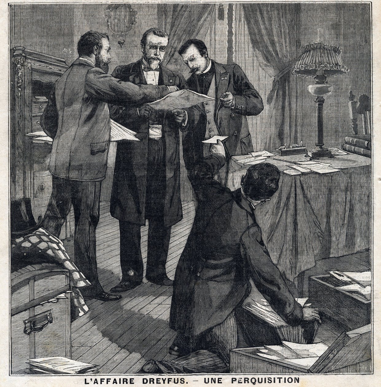 Dreyfusův případ: Tři důstojníci v civilu a policejní komisař provádějí prohlídku domu Georgese Picquarta (1854-1914). V „“Le Peute Parisien““ dne 12.5.1897. Soukromá sbírka od French School