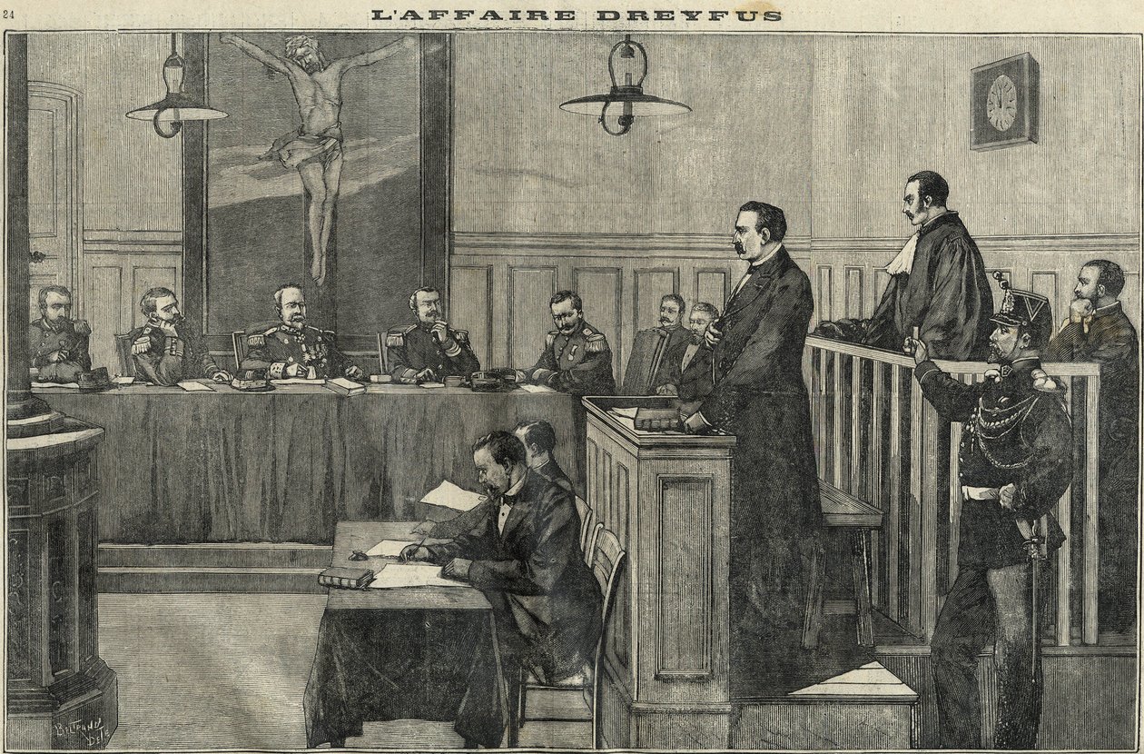Dreyfusův případ v roce 1898: slyšení válečné rady: proces s velitelem Esterhazym. Rytina v „Le petit parisien“ z roku 1898. od French School