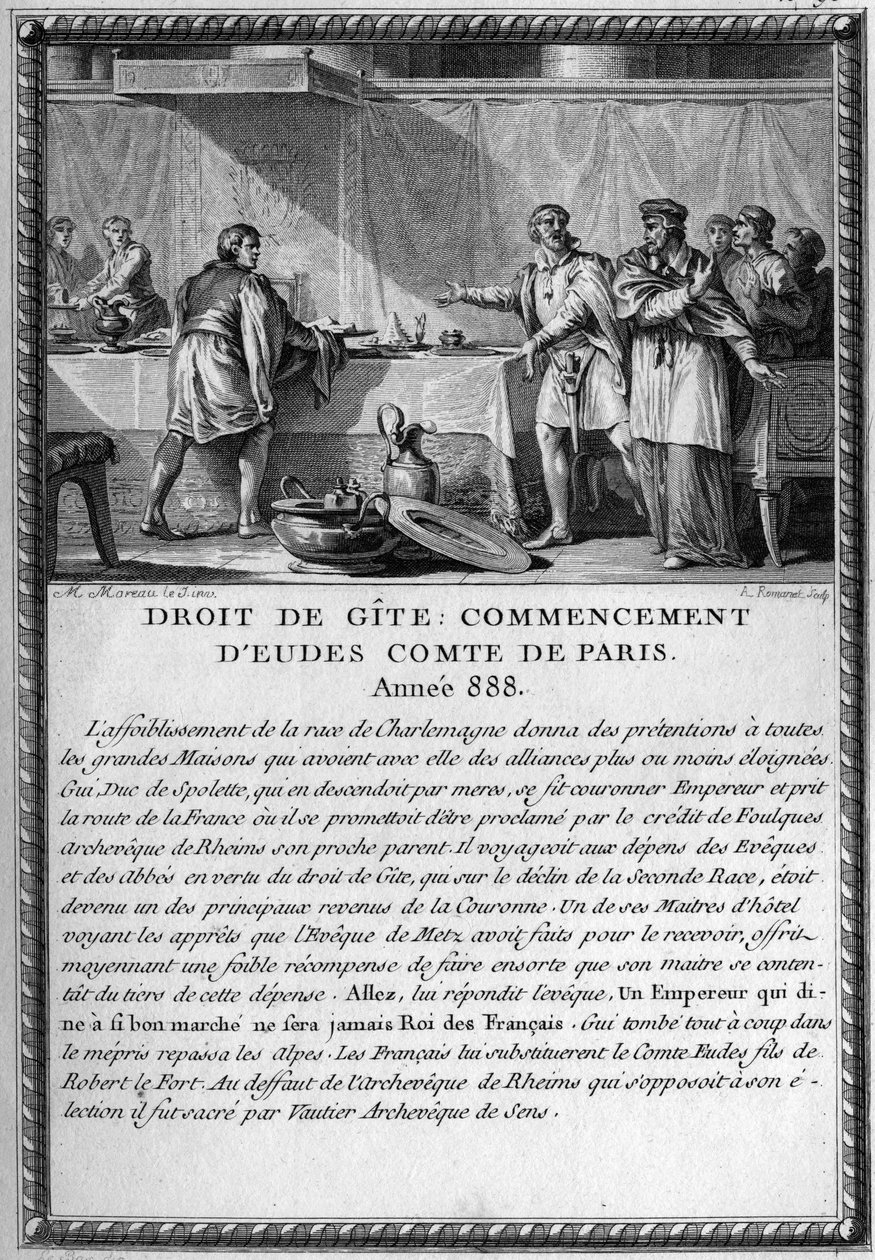Droit de Gite, počátek Eudes, hrabě z Paříže, rok 888. Král Guy (Gui) III., vévoda ze Spolete (zemř. 894) byl heberger Eveque z Metz pod právem chalupy (právo feodální dává právo pánovi být heberger svým lidem, když se nastěhuje od French School