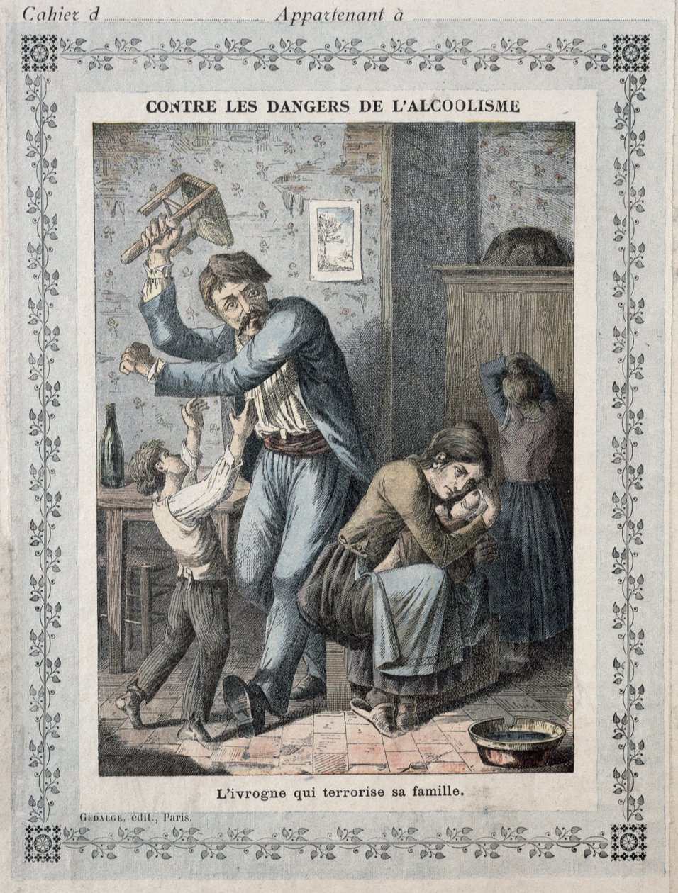 Opilec terorizující svou rodinu, obálka školního sešitu. c.1900 od French School