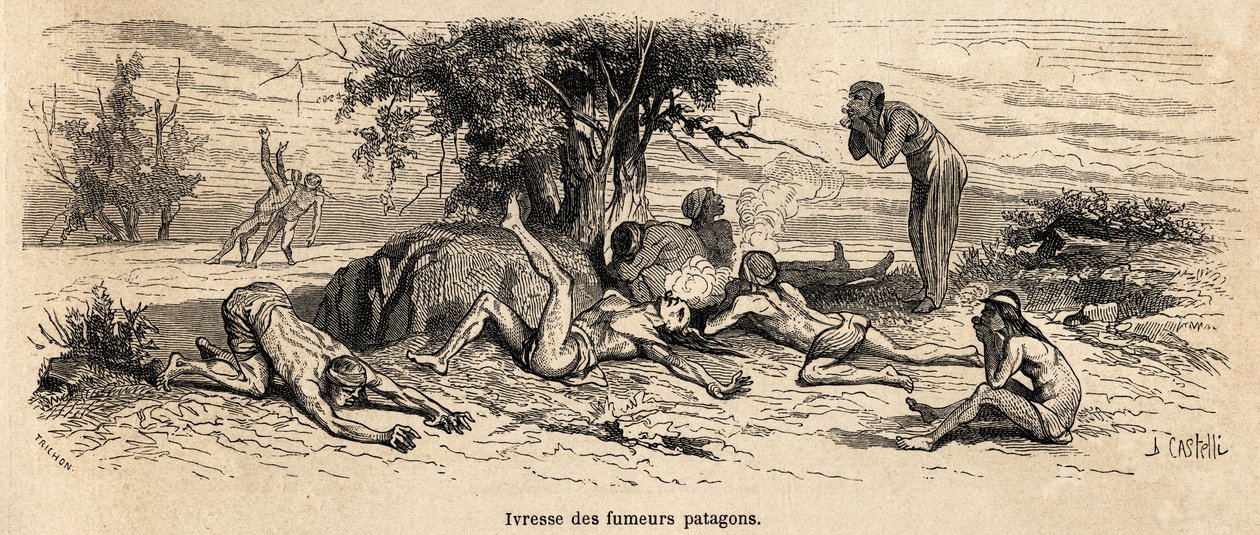 Opilost kuřáků, kresba autora, pro ilustraci 3 let zajetí mezi patagony od French School