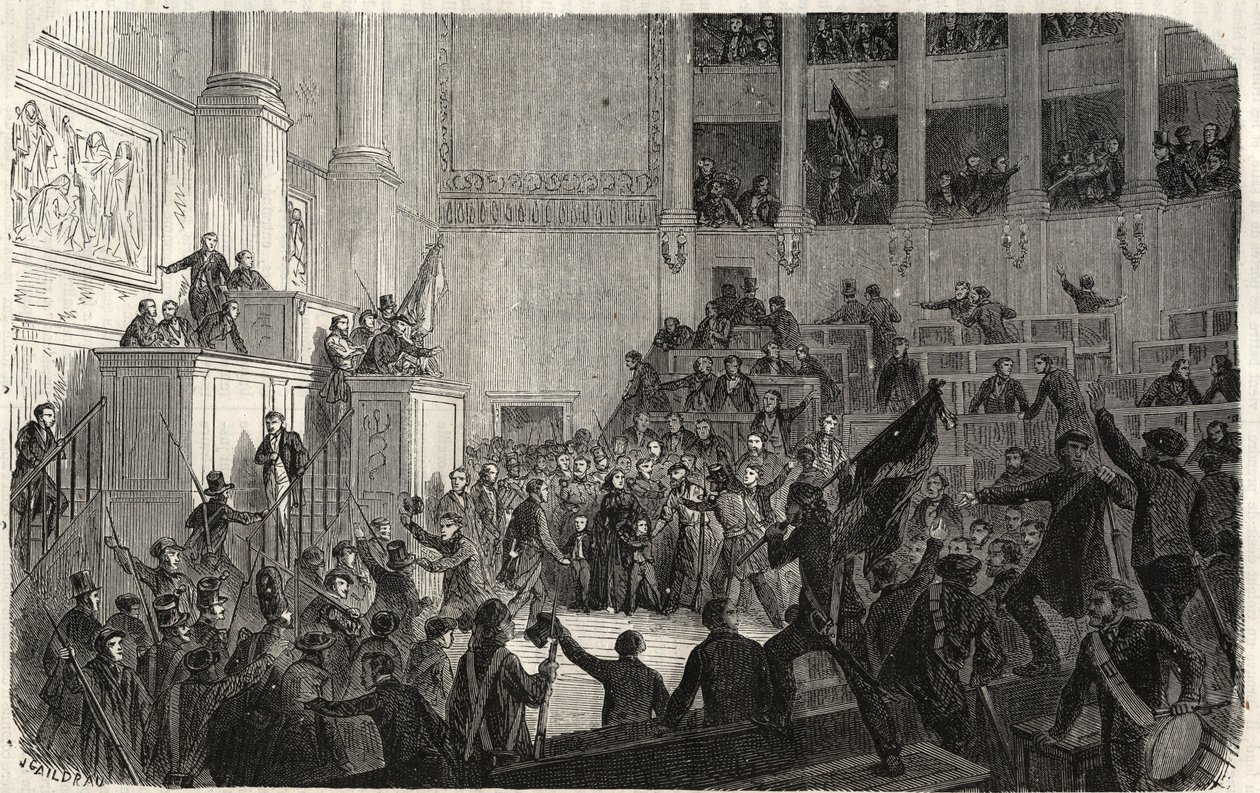 Vévodkyně Orleánská v Poslanecké sněmovně (1848), Paříž, Francie – Revoluce 1848 – Vévodkyně Orleánská v Poslanecké sněmovně v Paříži v době vyhlášení Republiky“ (Helene de Mecklembourg Schwerin, vévodkyně z Orleansu tri od French School