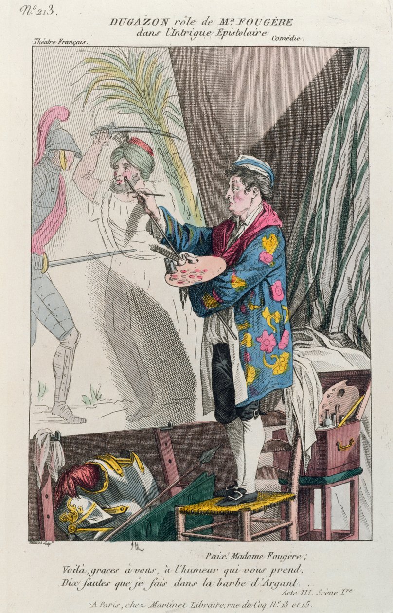 Dugazon v roli malíře, Fougère, v Intrigue Epistolaire, vyrobené v Paříži v Théâtre Français, 1799 (barevná rytina) od French School