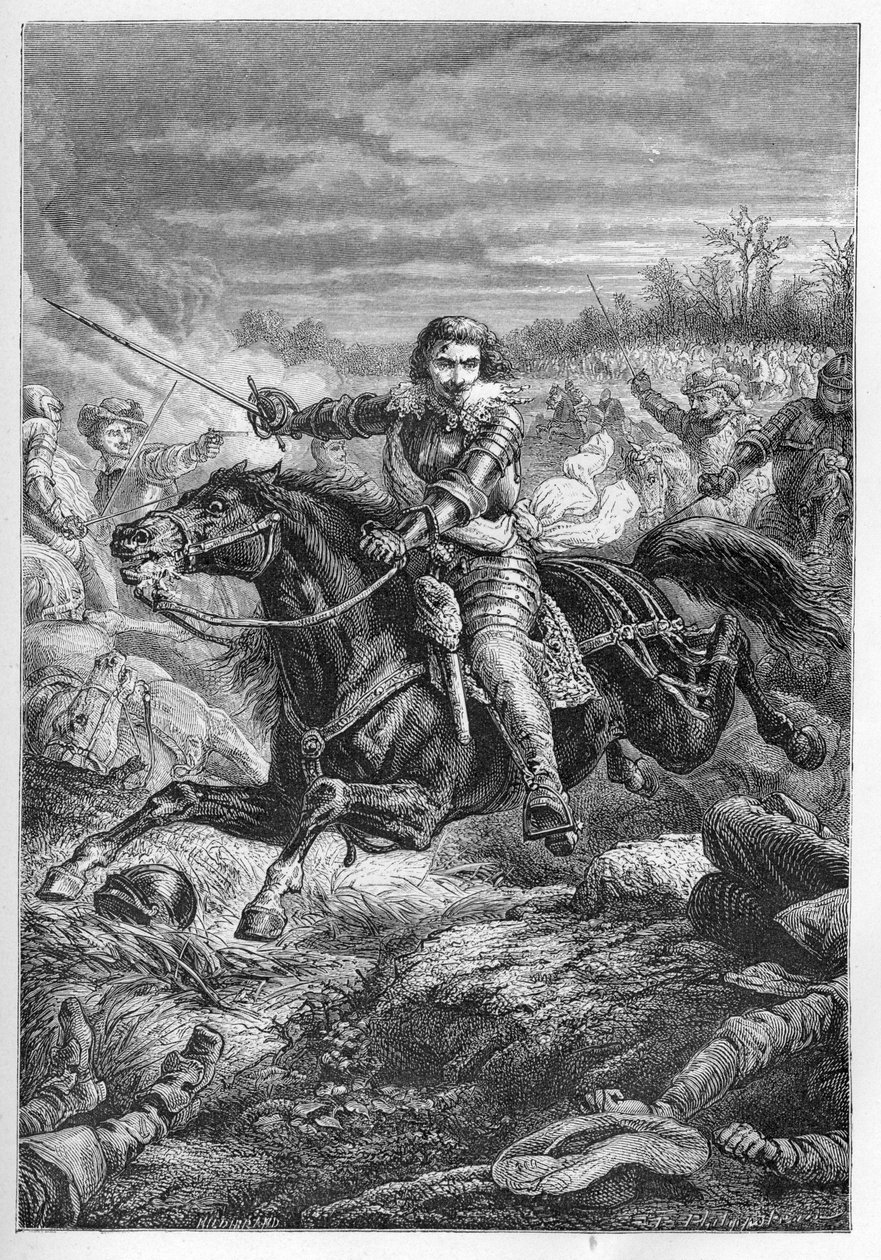 Vévoda Jindřich II. z Montmorency (Montmorenci) (1595-1632) v bitvě u Castelnaudary v roce 1632 – vévoda z Montmorency. Boje v Castelnaudary – rytina z „“L
