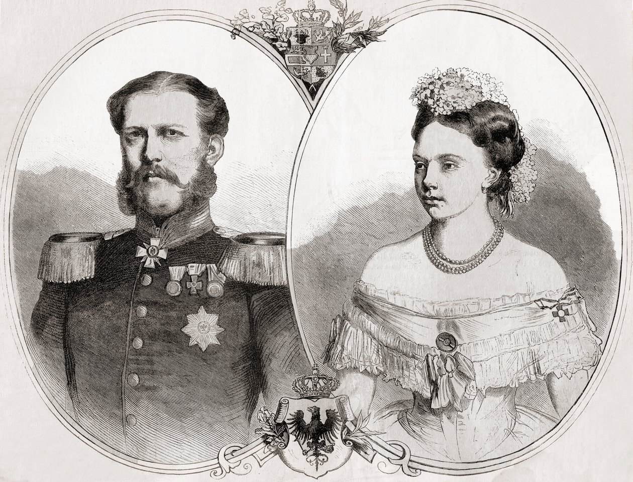 Vévoda Vilém z Meklenburska-Schwerinu a jeho manželka princezna Frederica Wilhelmina Louise Elisabeth Alexandrine z Pruska, z 