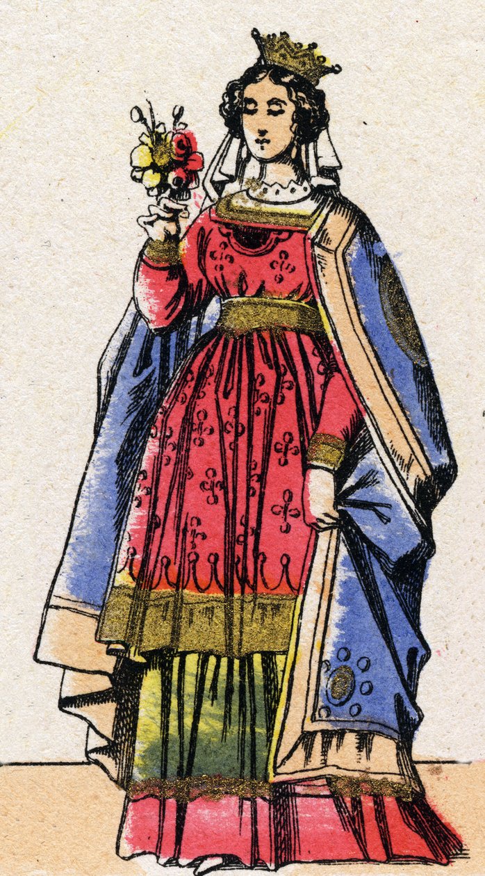 Dynastie Kapetovců: Portrét Adele nebo Alix nebo Alice de Champagne (1140-1206), královna Francie, manželka Ludvíka VII dit le Jeune (1120-1180). Epinal zobrazování z konce 19. století. Soukromá sbírka. od French School