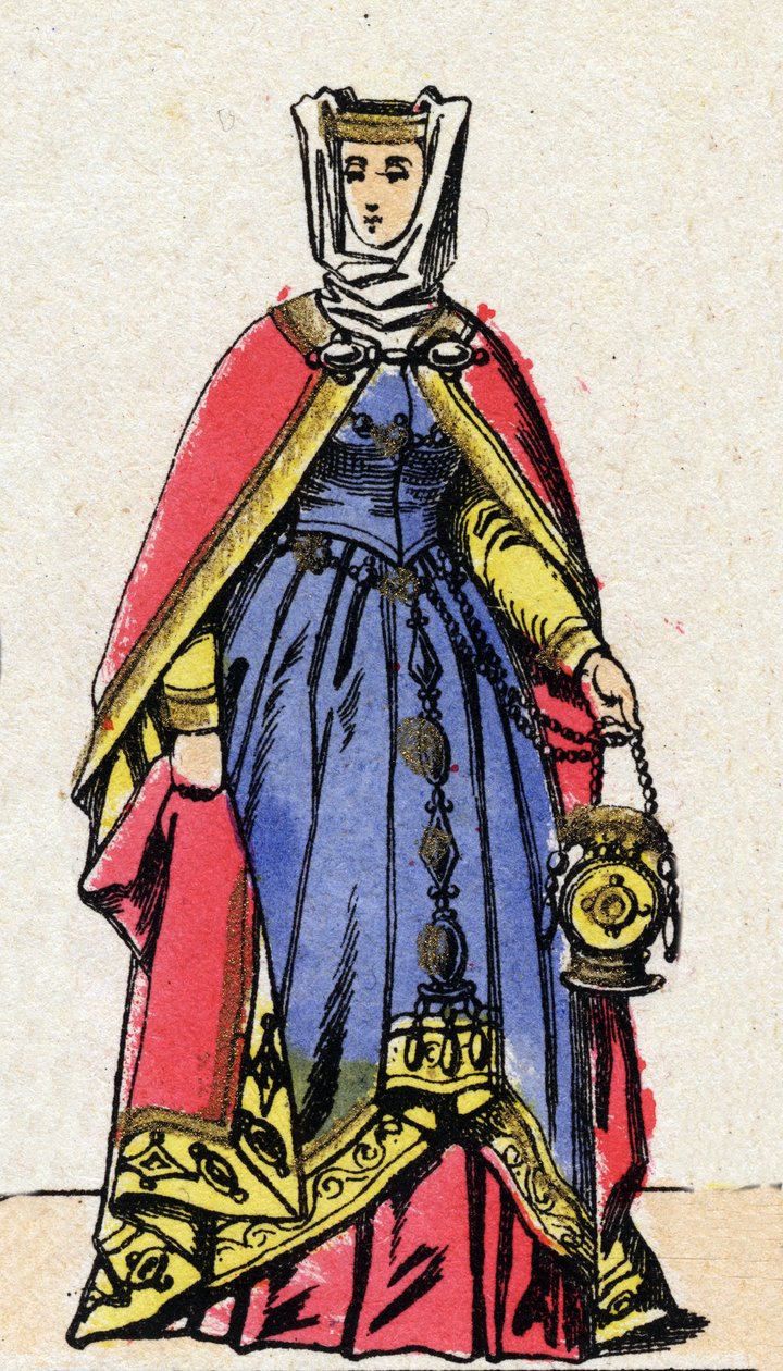 Dynastie Kapetovců: Portrét Isabely Aragonské (1247-1271), francouzské královny, manželky Filipa III. známého jako Hardi (1245-1285). Epinal zobrazování z konce 19. století. Soukromá sbírka. od French School
