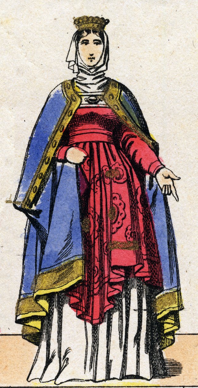Dynastie Kapetovců: Portrét Isabelle de Hainaut (1170-1190) francouzské královny, manželky Filipa II. známého jako Filip August (1165-1223). Epinal zobrazování z konce 19. století. Soukromá sbírka. od French School