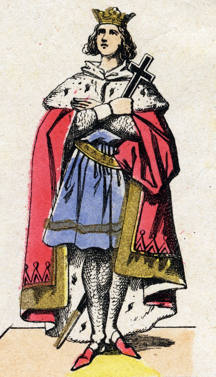 Dynastie Kapetovců: Portrét francouzského krále Ludvíka IX. (1214-1270), krále Franků v letech 1226 až 1270. Epinal zobrazení z konce 19. století. Soukromá sbírka. od French School
