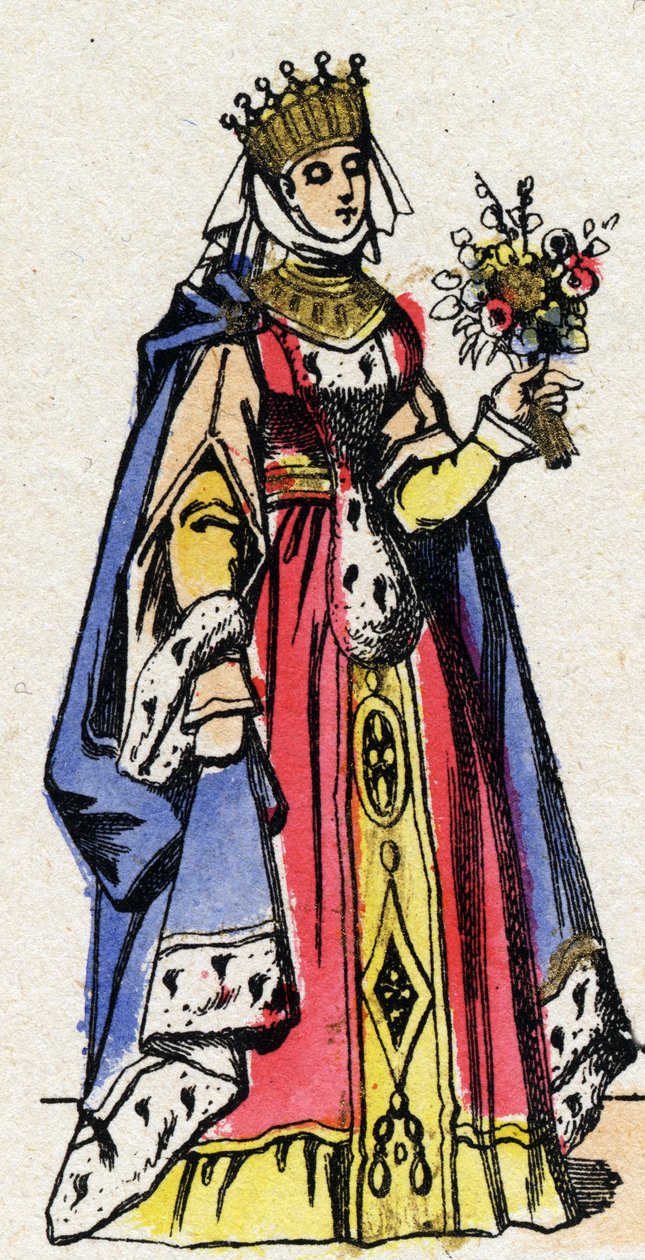 Dynastie Kapetovců: Portrét Marguerity Provence (1221-1295), královny Francie, manželky Ludvíka IX. Francouzského (1214-1270). Epinal zobrazování z konce 19. století. Soukromá sbírka. od French School