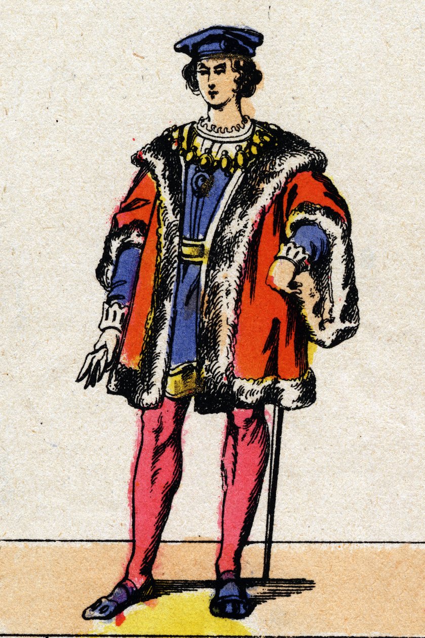 Dynastie z Valois: Portrét Karla VIII. (1470-1498), francouzského krále v letech 1483 až 1498. Epinal zobrazování z konce 19. století. Soukromá sbírka. od French School