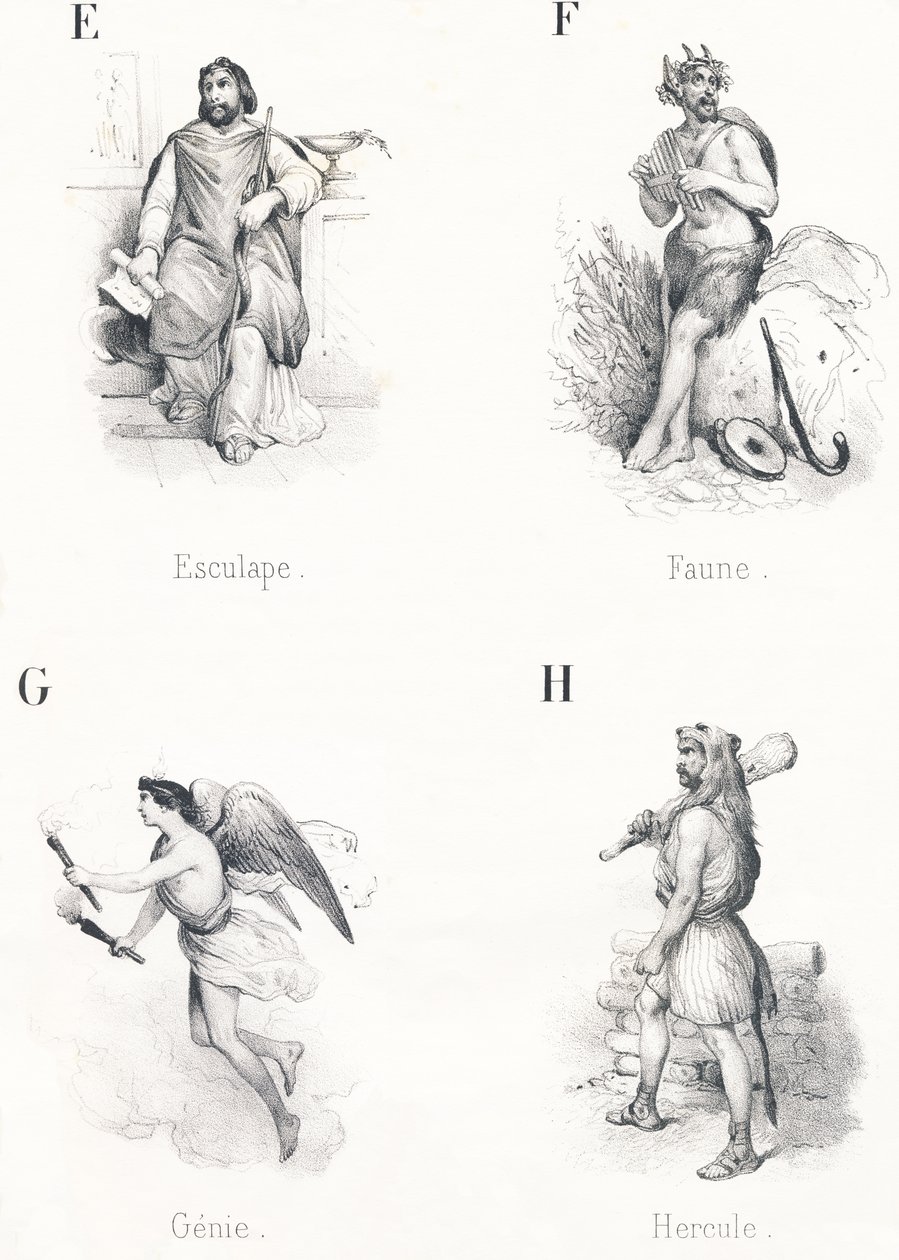 E F G H: Aesculapius, Fauna, Džin, Herkules od French School