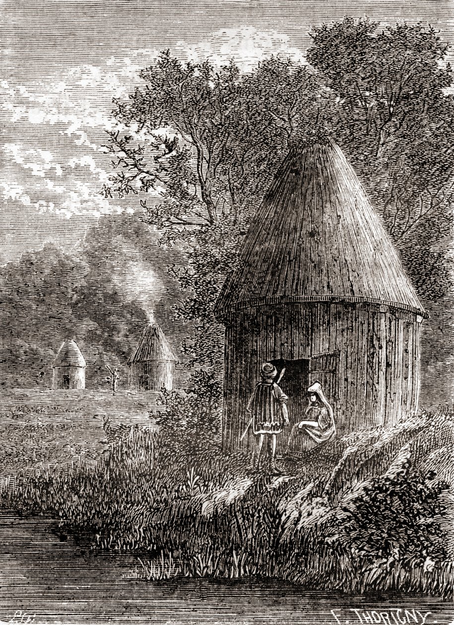 Raně galské domy, kulatý srub s otvorem ve střeše, aby mohl unikat kouř z ohně, z „Les Merveilles de la Science“, publikované kolem roku 1870 (rytina) od French School
