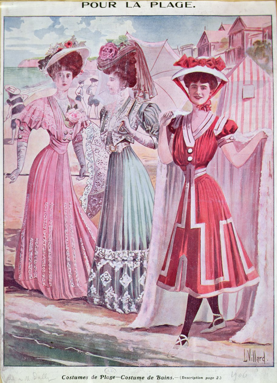Plážové a koupací kostýmy z počátku 20. století, kolem roku 1906 (barevné lito) od French School