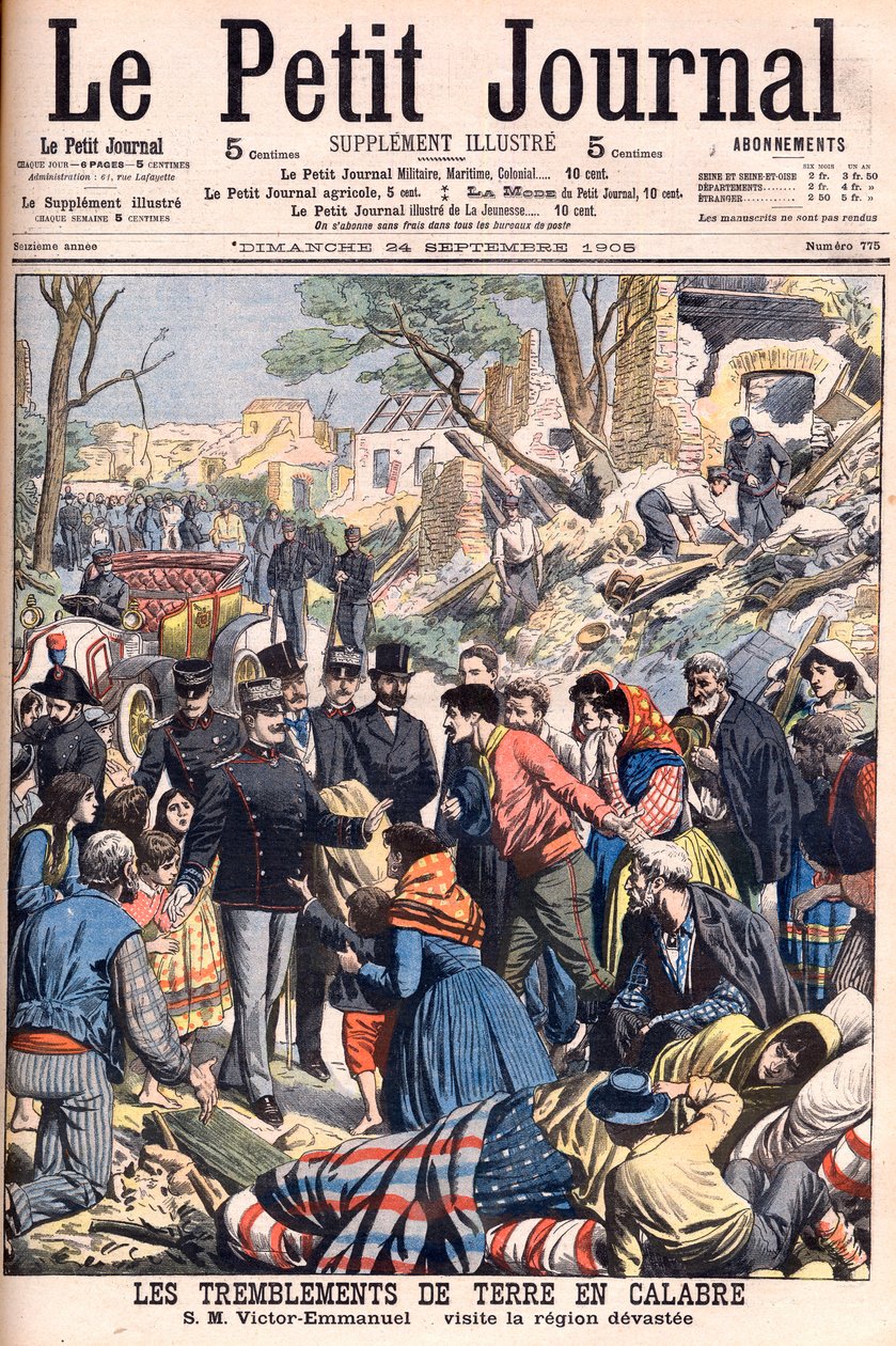 Zemětřesení v Kalábrii, Itálie. Král Viktor Emanuel III na návštěvě zdevastovaných krajů. Zemětřesení v Kalábrii. SM Victor-Emmanuel navštíví devastovanou oblast. Ilustrace pro Le petit Journal, 24. září 1905. Viktor Emmanuel III z Itálie (Vittorio Em od French School