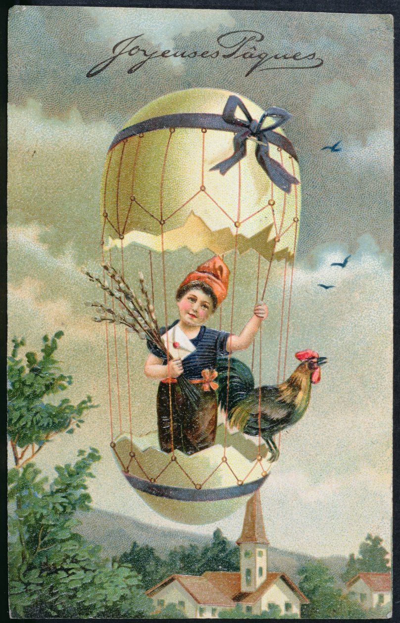 Velikonoční pohlednice zobrazující dítě ve vejci, kolem roku 1905 od French School