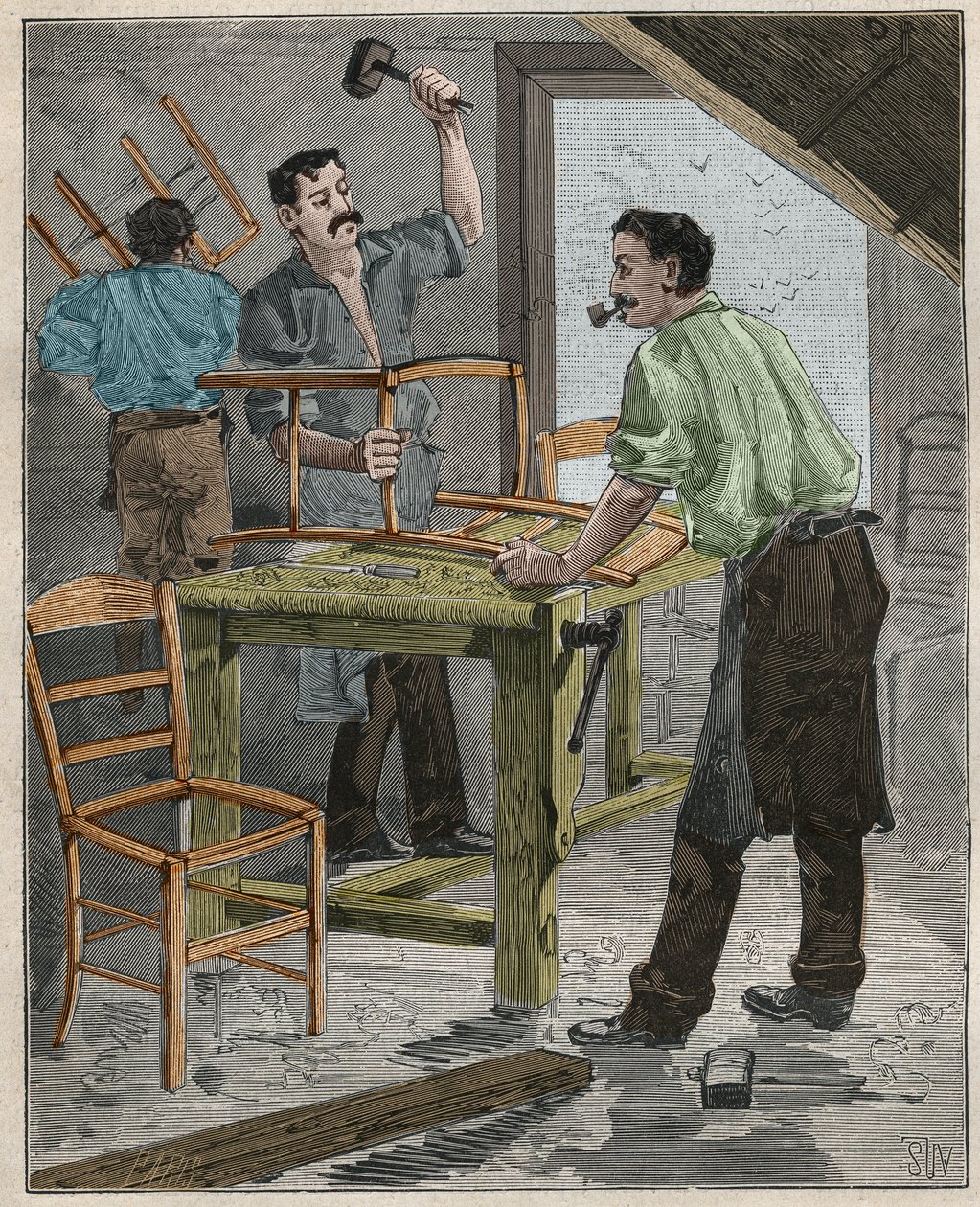 Ebenisterie: montáž židlí v 19. století ve Francii. Rytina z roku 1885 v „“Les arts et metiers illustres““ od Adolphe BITARDA. od French School