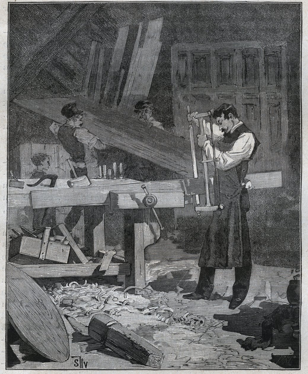 Ebenisterie: ebenistický dělník štípající prkno u zřízení. Rytina z roku 1885 v „“Les arts et metiers illustres““ od Adolphe BITARDA. od French School