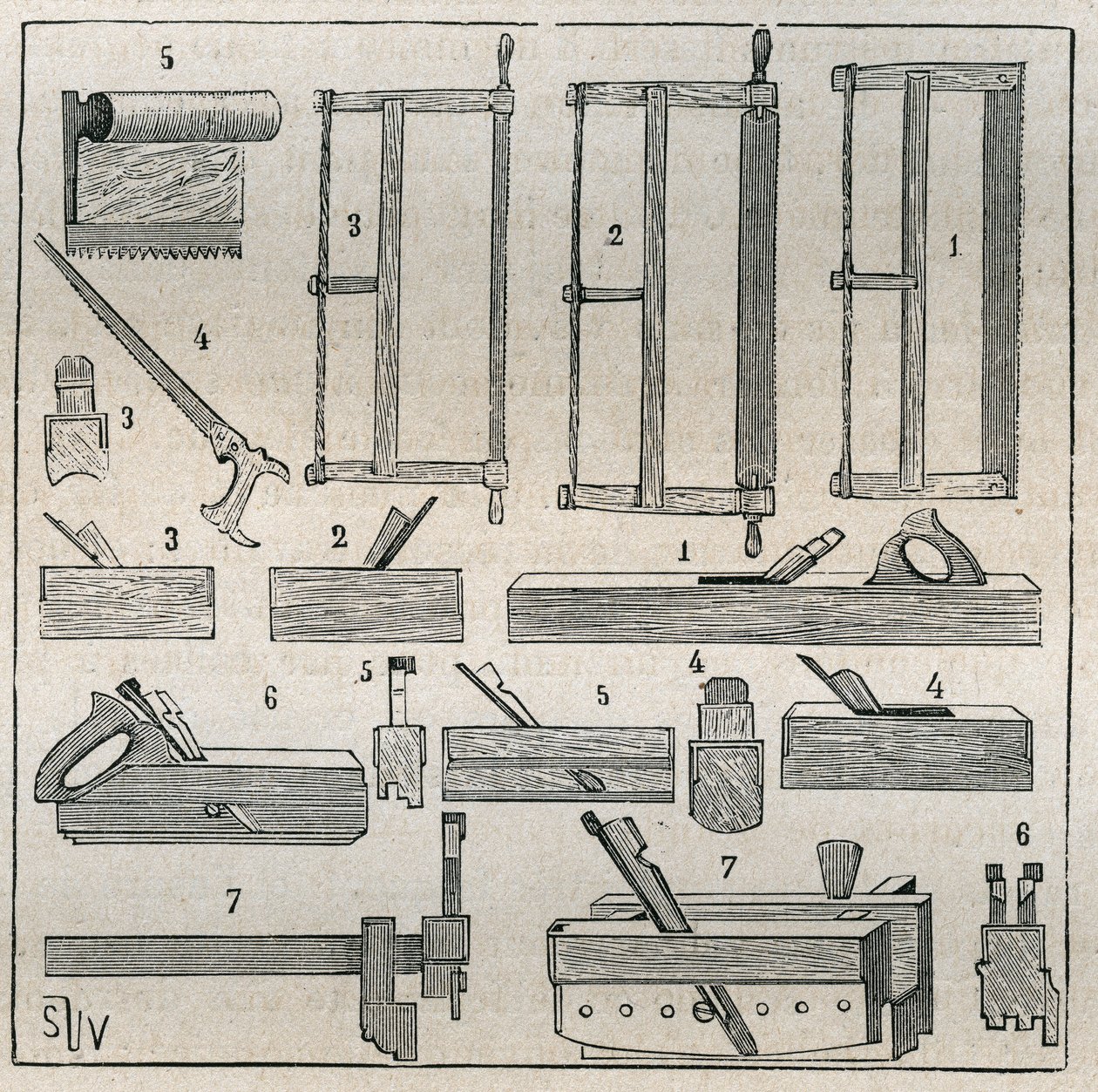 Ebenisterie: obvyklé nářadí, pily a hoblování. Rytina z roku 1885 v „“Les arts et metiers illustres““ od Adolpha BITARDA. od French School