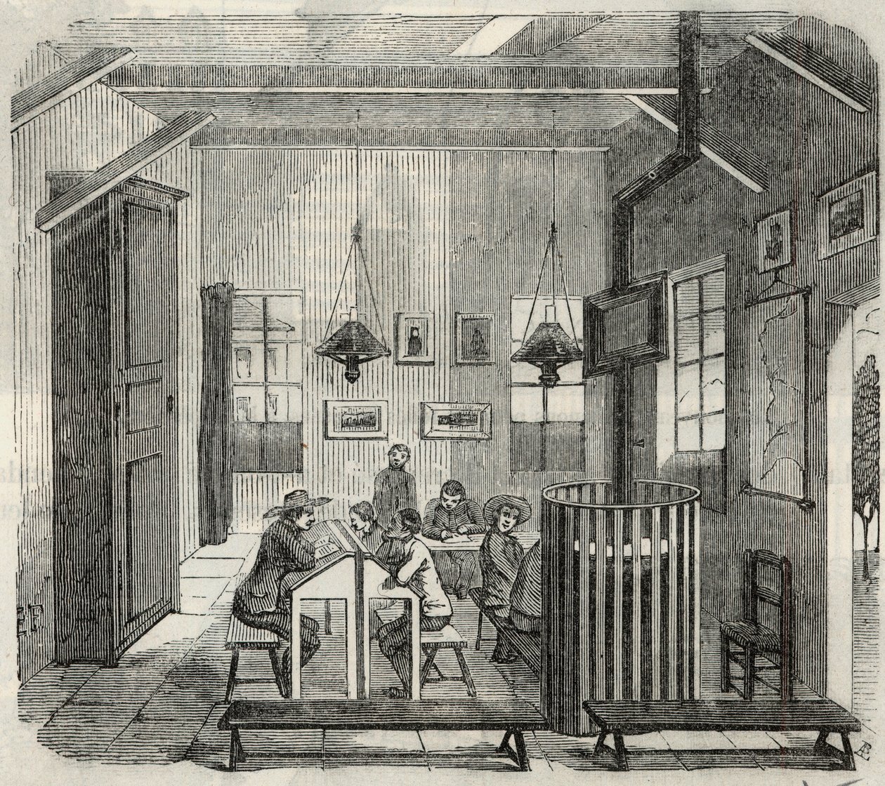 Škola pro idioty v Bicetre v 19. století – rytina v „Tableau-de-Paris“ od Edmonda Texiera 1852 od French School