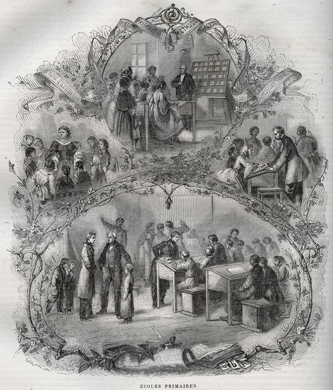 Základní školy ve Francii v 19. století - rytina v - Nová národní encyklopedie od Maurice La Charesta - 1870 - od French School
