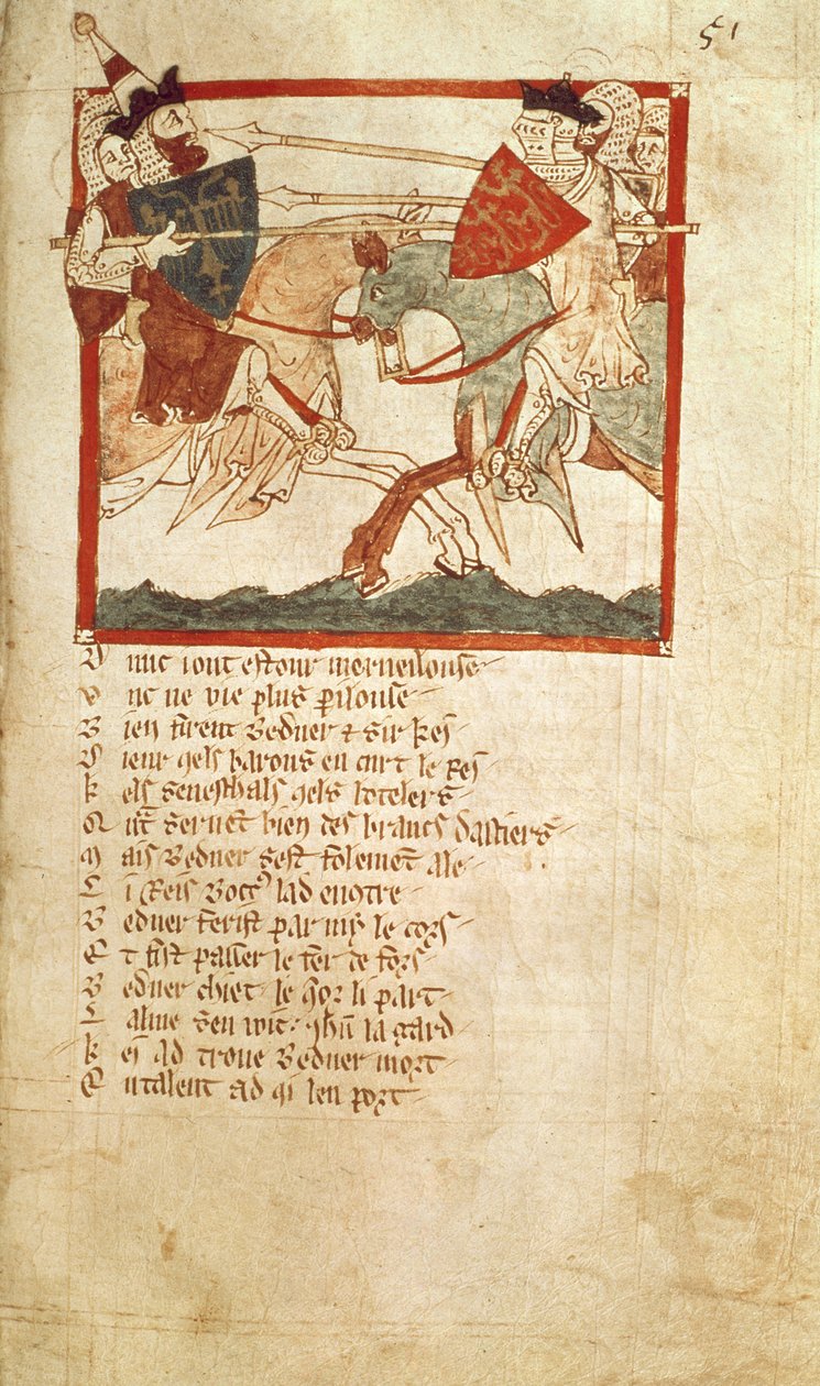 Např. 3028 f.51 Arthur bojuje s císařem Luciusem, z Veršované kroniky 