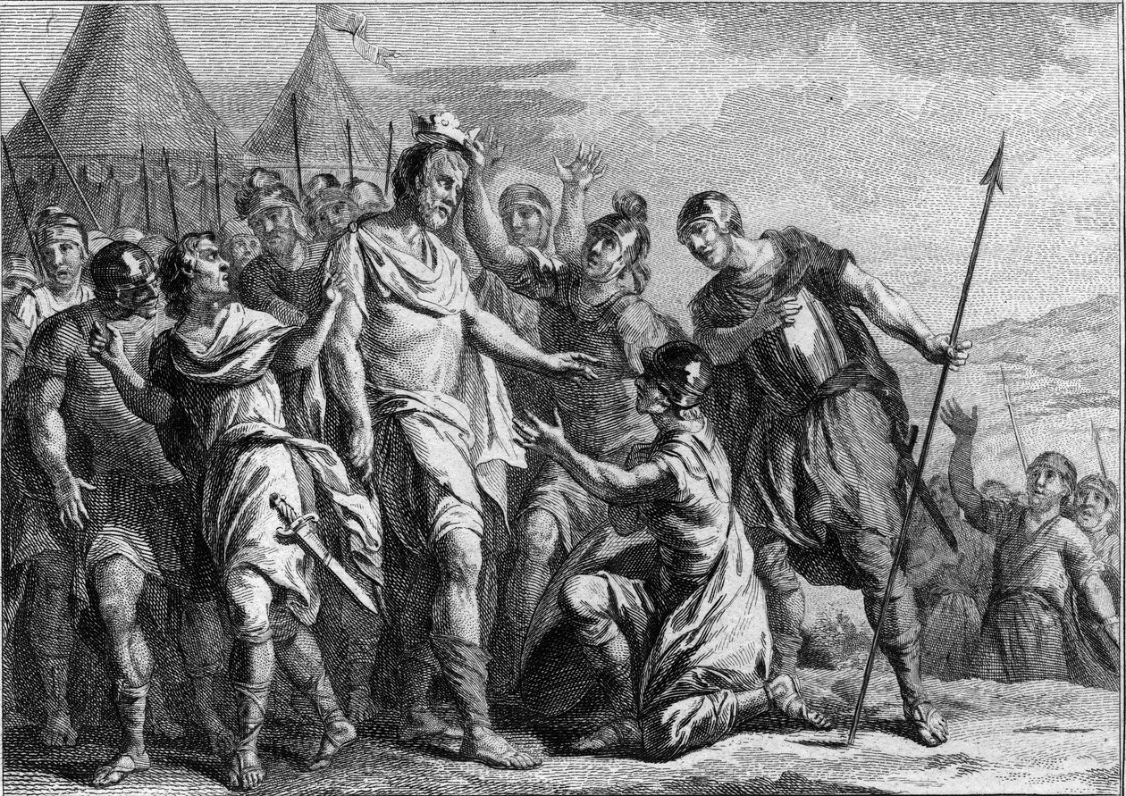Volba Merovee nebo Merovecha vůdcem salianských franků v roce 448. První merovejský král, vrátil se až do roku 458. Rytina 18. století. od French School