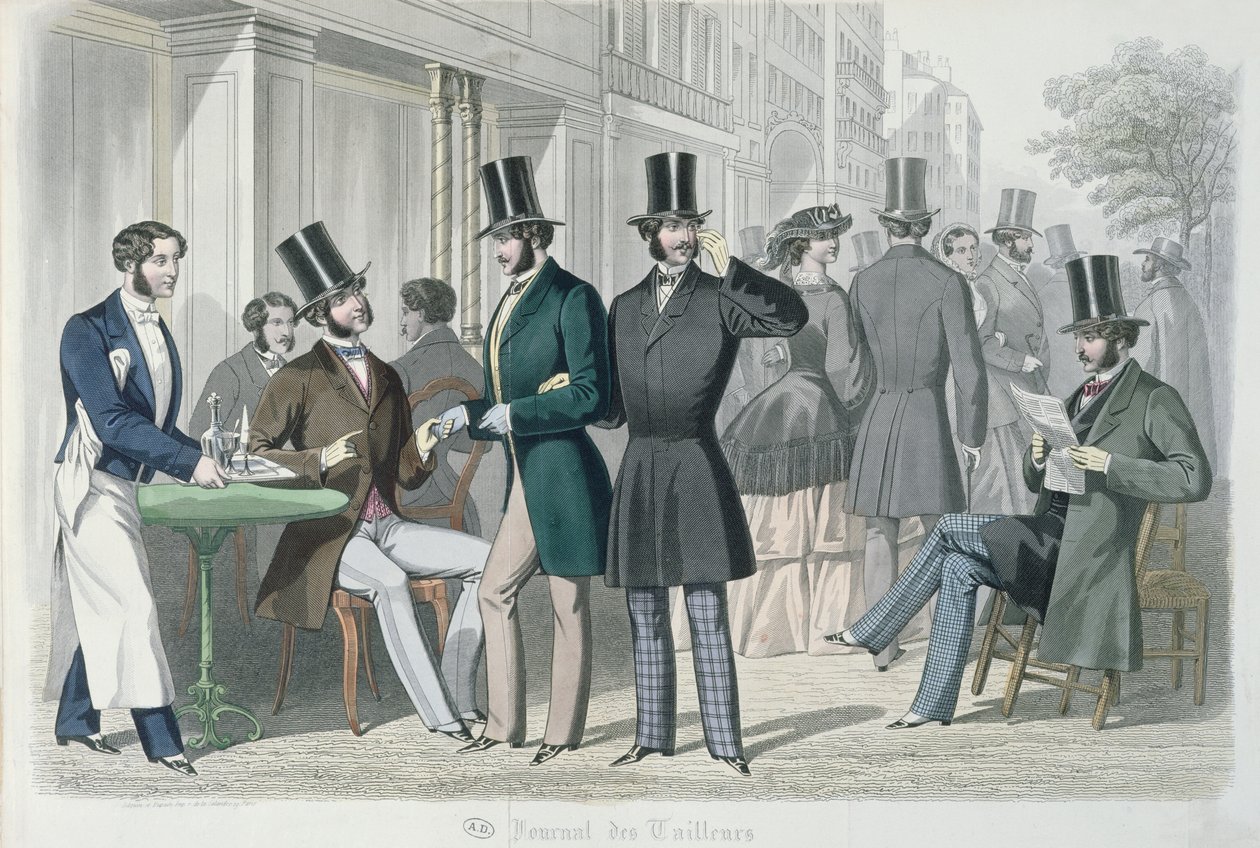 Elegantní mladí muži na terase kavárny, 1857 (barevná rytina) od French School