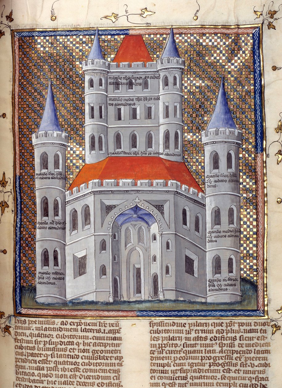 Vyvýšenina průčelí Šalamounova chrámu v Jeruzalémě Miniatura převzatá z "Komentáře k Bibli" od Mikuláše z Lyry (13. století) 14. století Cambrai, městská knihovna od French School