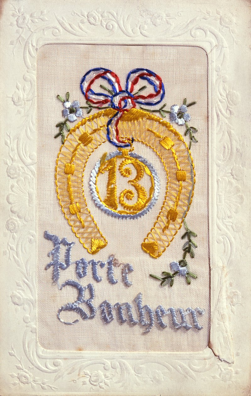 Vyšívaná pohlednice zobrazující kouzla štěstí, před rokem 1914 (hedvábí a karta) od French School