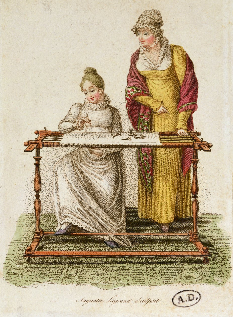 Výšivka, cca 1810-20 (barevná rytina) od French School