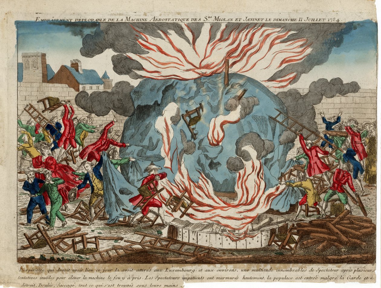 Embrâsement déplorable de la machine aërostatique des Srs. Miolan et Janinet le dimanche 11. juillet 1784. hospoda. 1784 (ručně kolorovaná rytina) od French School