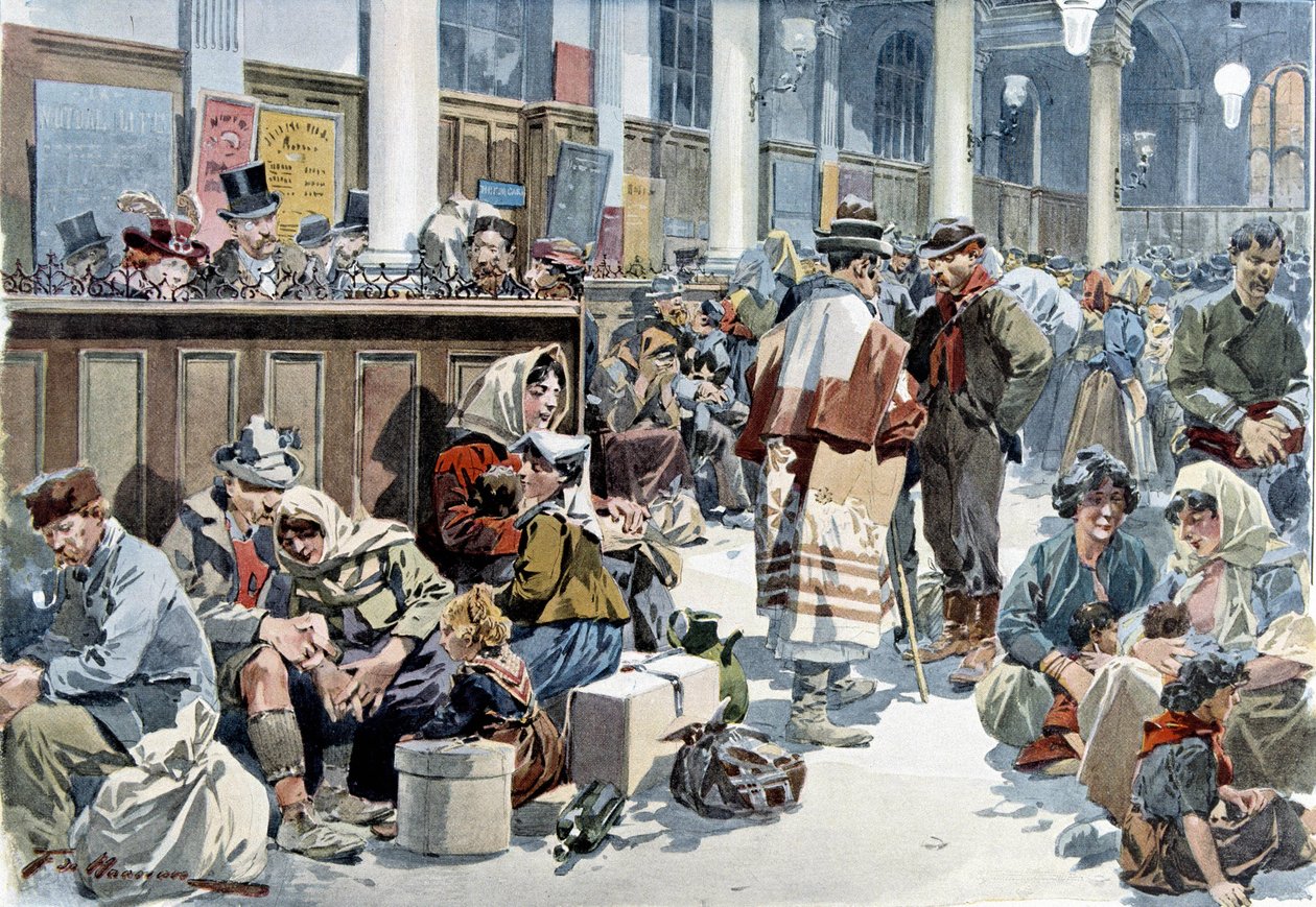 Emigranti projíždějící vlakovým nádražím St Lazare (Saint Lazare) (Saint Lazare) v Paříži, na cestě do Ameriky, konec 19. století od French School