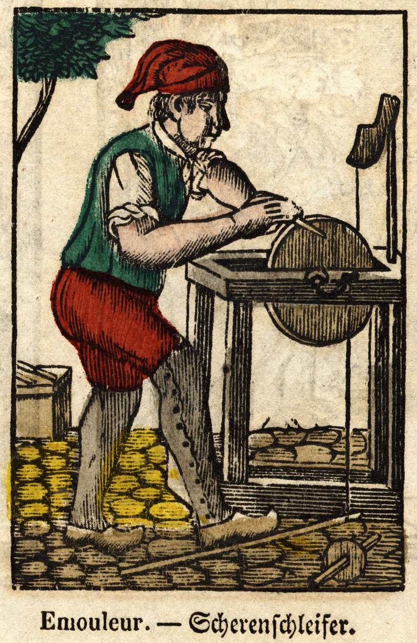 Emouleur (spočívá v ostření předmětů pomocí brusného kotouče); Série o řemeslech, obraz Epinalu z 19. století. od French School