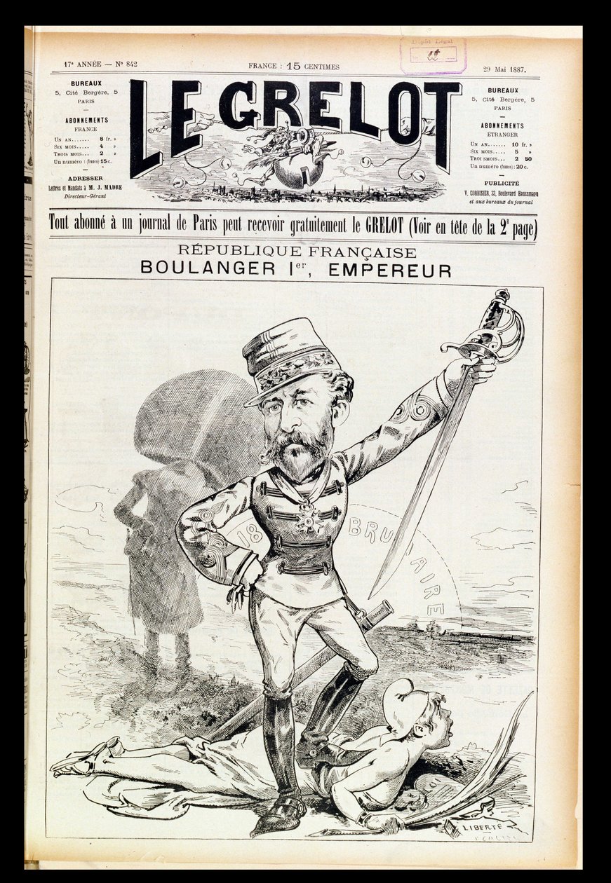 Císař Boulanger První, karikatura z přední obálky Le Grelot, 29. května 1887 od French School