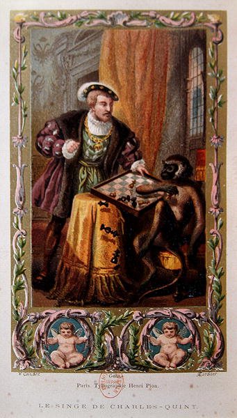 Císař Karel V. a opice, ilustrace z 