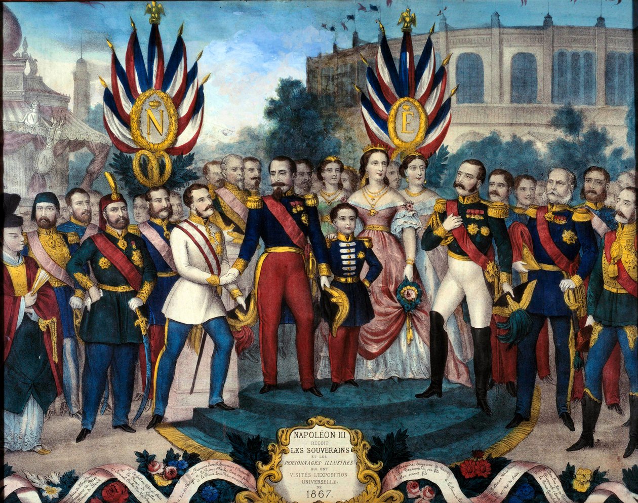 Císař Napoleon III (1808-1873) přijal zahraniční panovníky na Všeobecné výstavě 1867 Rytina 19. století. Muzeum hradu Compiegne od French School