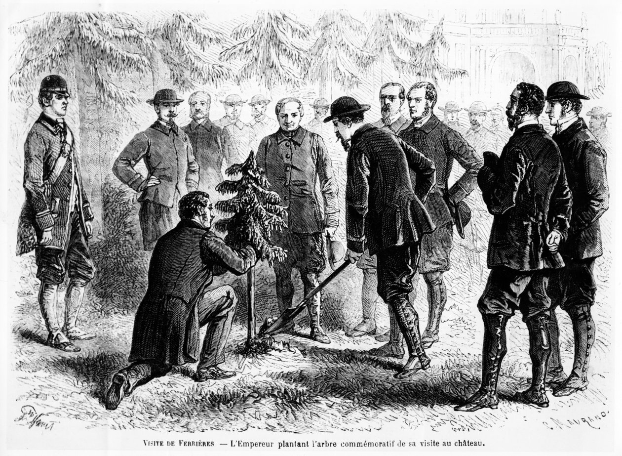 Císař Napoleon III sází strom ve Ferrières, domově barona Jamese de Rothschilda, na památku jeho návštěvy, z Le Monde Illustré, 2. listopadu 1862 od French School