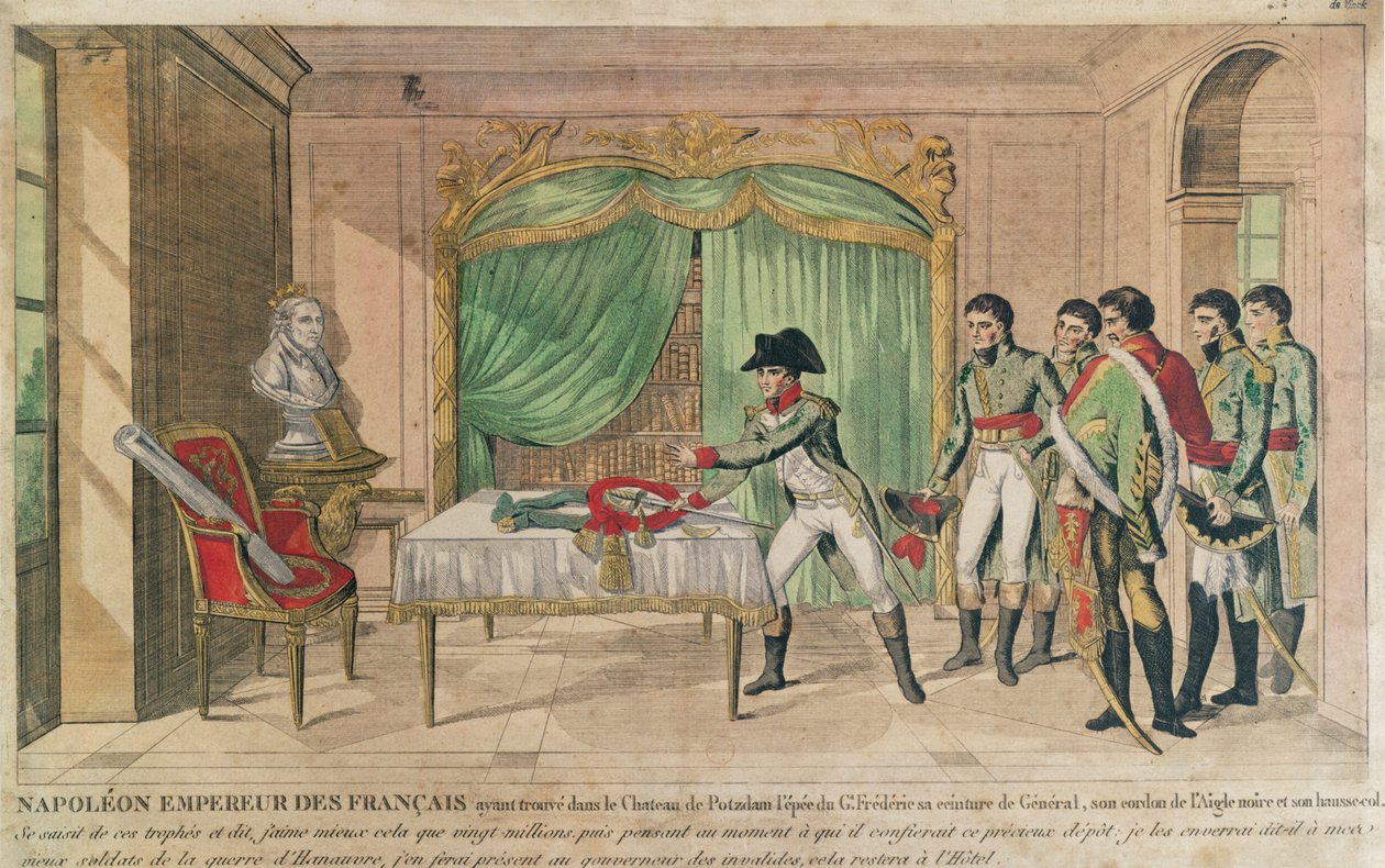 Císař Napoleon I. uvažuje o meči Fridricha Velikého v Postupimi v roce 1806 (barevná rytina) od French School