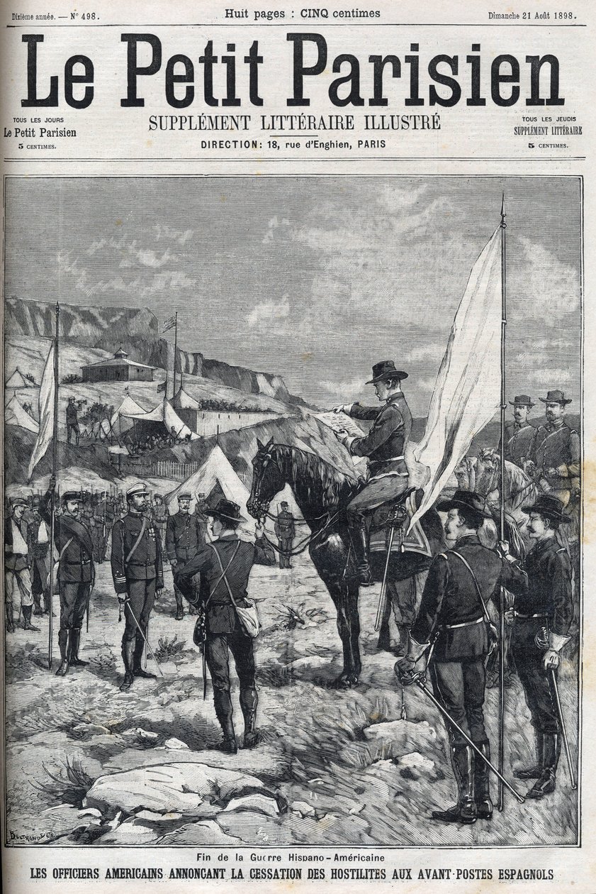 Konec španělsko-americké války (American Hispano) v roce 1898. Američtí důstojníci oznamující zastavení bojů na španělských základnách. Rytina v „Le petit parisien““ z roku 1898. od French School