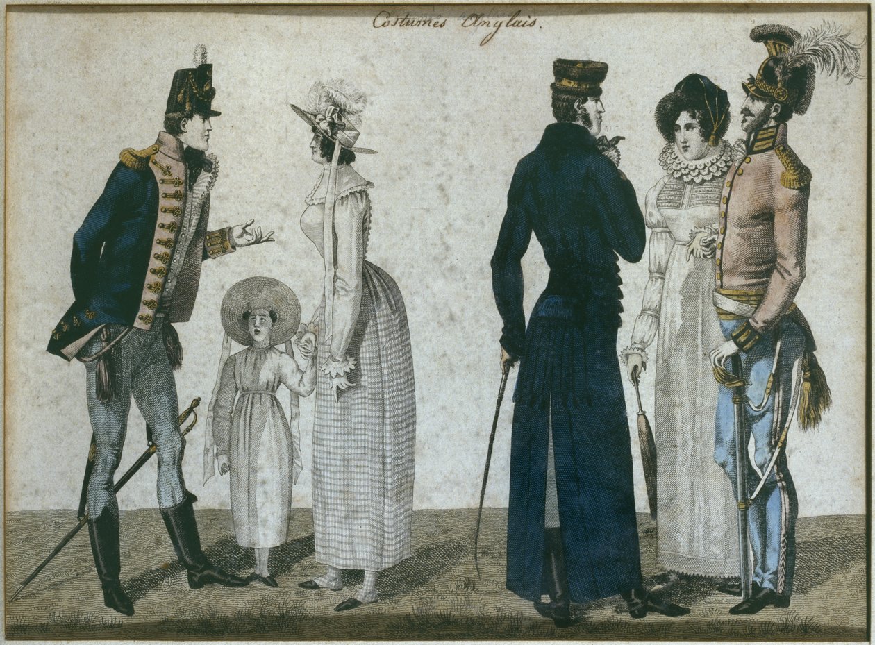 Anglické kostýmy, ilustrace z Le Bon Genre, začátek 19. století (barevná rytina) od French School