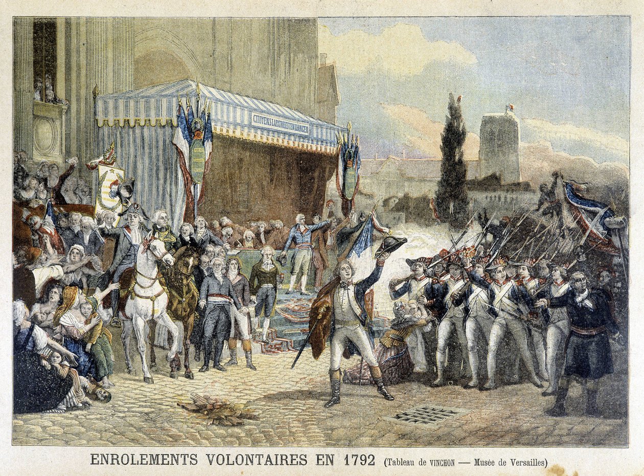 Zápis dobrovolníků v roce 1792 (barevná rytina) od French School