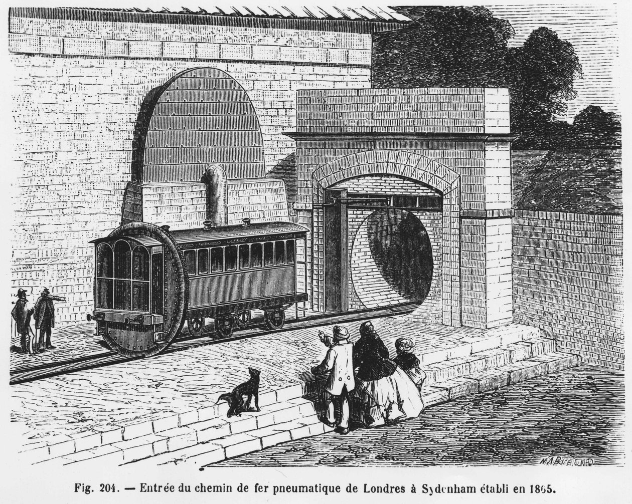 Vstup do pneumatické železnice z Londýna do Sydenhamu, zřízené v roce 1865 - v „The Wonders of Science“ od L. Figuiera. ¿ od French School