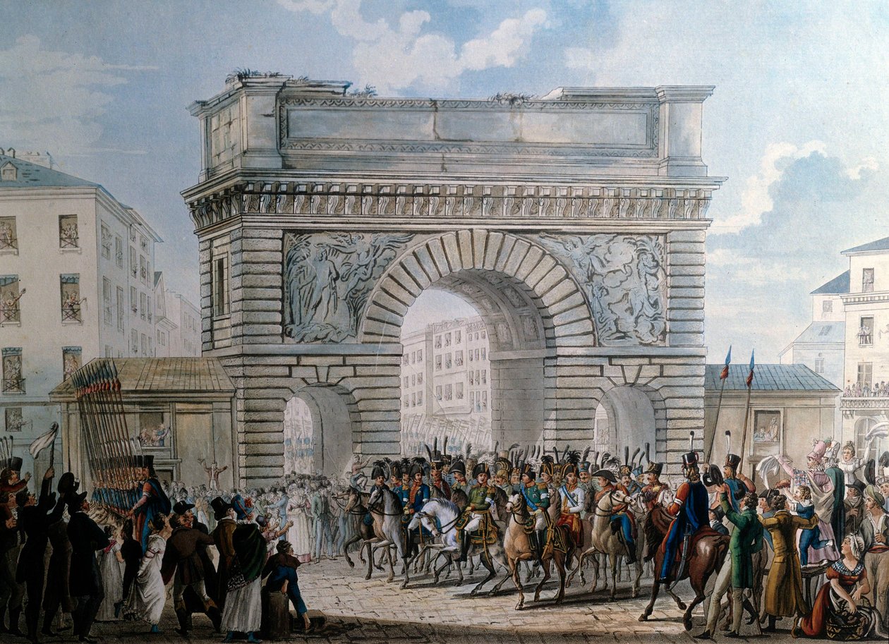 Vstup spojenců do Paříže Porte Saint Martin na 31.3.1814 přehlídka krále Ludvíka XVIII. (1755-1824). Tisk z roku 1814. Paříž, Musee Carnavalet od French School