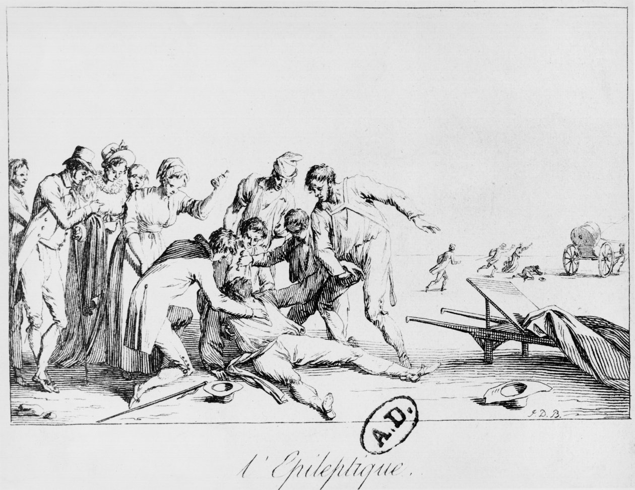 Epileptický záchvat na ulici, kolem roku 1800 od French School