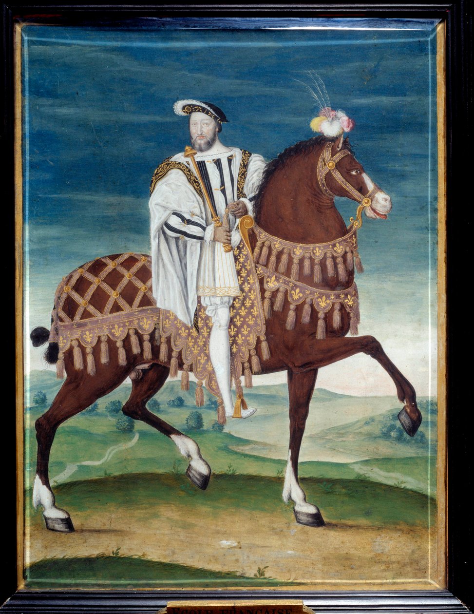 Jezdecký portrét Františka I. (1494-1547), francouzského krále Anonymní obraz francouzské školy. 16. století. Ztlumit. 0,27x0,205 m. Musee Conde, Chantilly - Jezdecký portrét Francoise I. (1494-1547), anonymního krále Francie. Malování Francouzů od French School