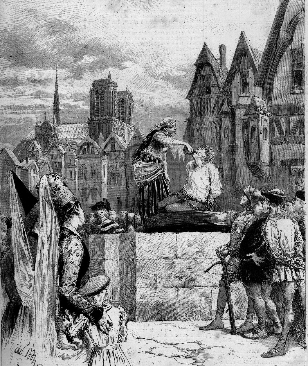 Esmeralda dává drink v Quasimodo na Place de Greve. Ilustrace „Notre Dame de Paris“ od Victora Huga (1802-1885). Rytina z roku 1879. od French School