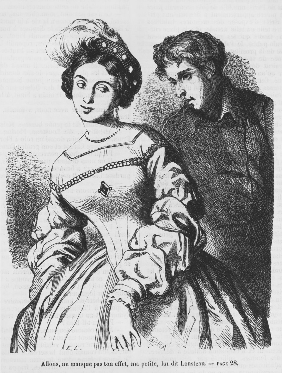 Etienne Lousteau hovoří s herečkou, ilustrace z knihy "Les Illusions perdues" od Honore de Balzaca od French School