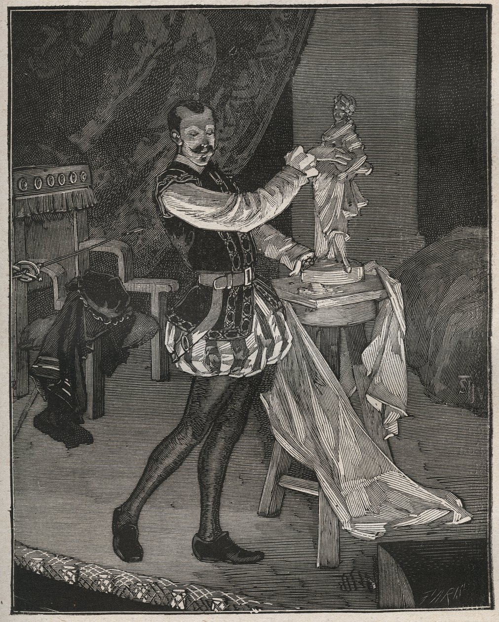 Etienne Marin Melingue (1808-1875), francouzský herec hrající sochaře Benvenuta Celliniho ve filmu Alexandra Dumase pere „Ascanio“, adaptovaný na scénu Paulem Meuricem. Rytina z roku 1880 v „Les arts et professions illustrés““ od Adolpha BITARDA. od French School