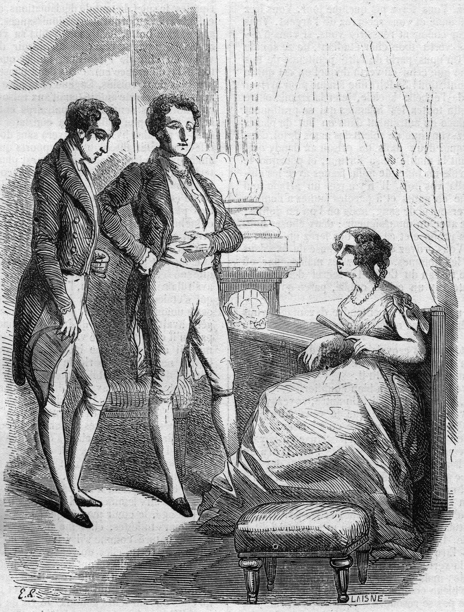 Eugene de Rastignac darovaný madame de Nucingen markýzem z Adjudy. Rytina poloviny 19. století. Ilustrace k „Otec Goriot“ od Honore de Balzac (1799-1850). od French School